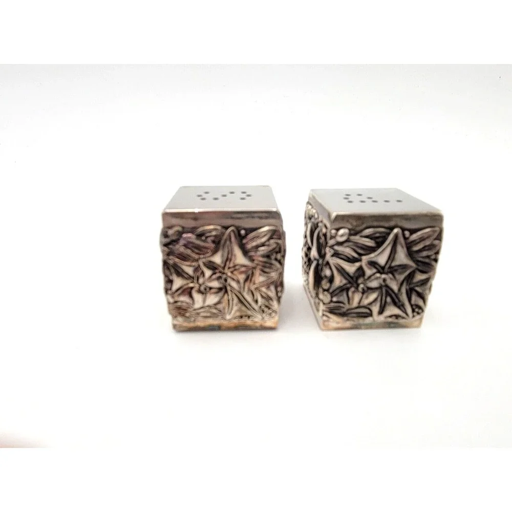 Vintage silver plated salt and pepper‎ shakers cube with tray holder embossed